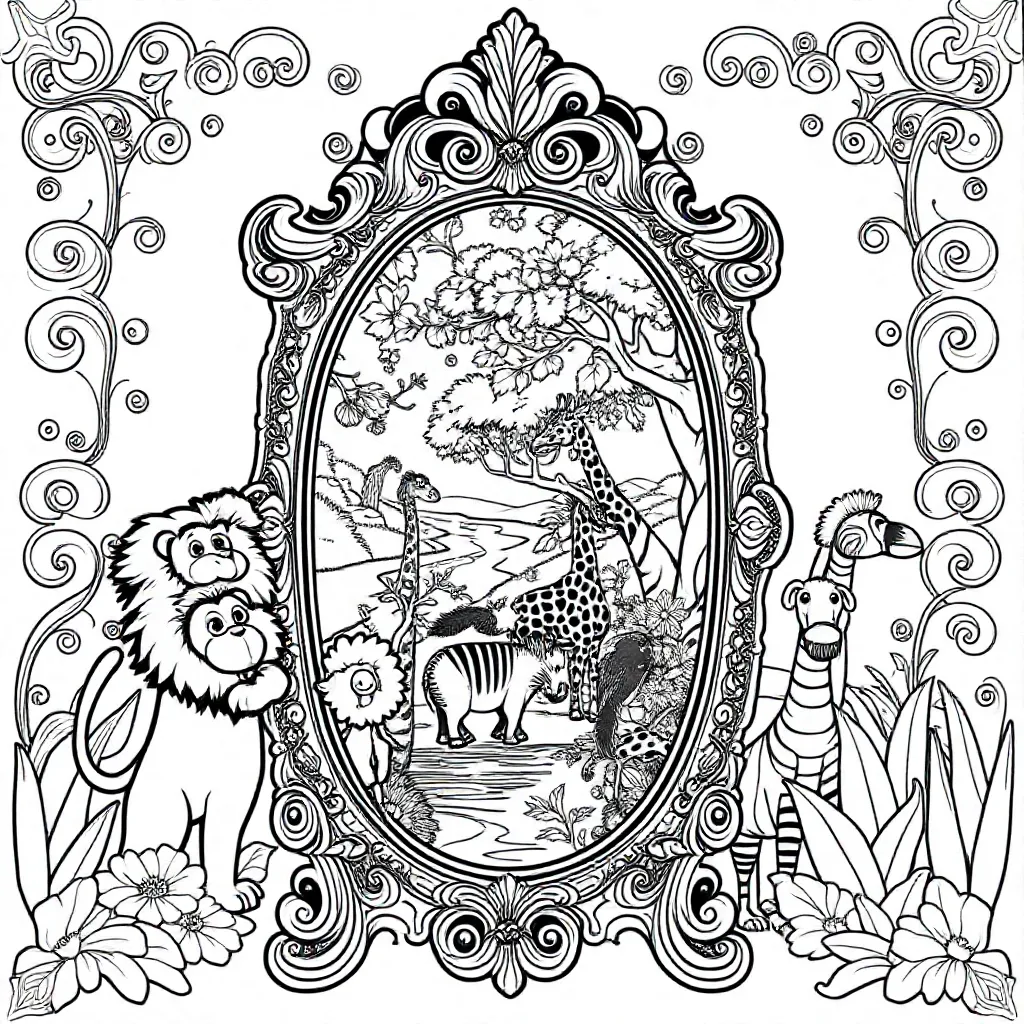 een staande spiegel met dieren kleurplaat voor kinderen