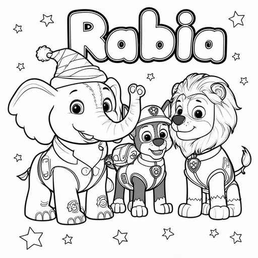 Feestelijke olifanten en leeuwen met paw patrol kleurplaat voor kinderen