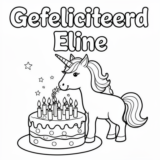 taart met een eenhoorn die de kaarsjes uit blaast kleurplaat voor kinderen