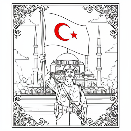 Turkse soldaat met Turkse vlag in zijn soldaten pak.  Aksa moskee achtergrond kleurplaat voor kinder