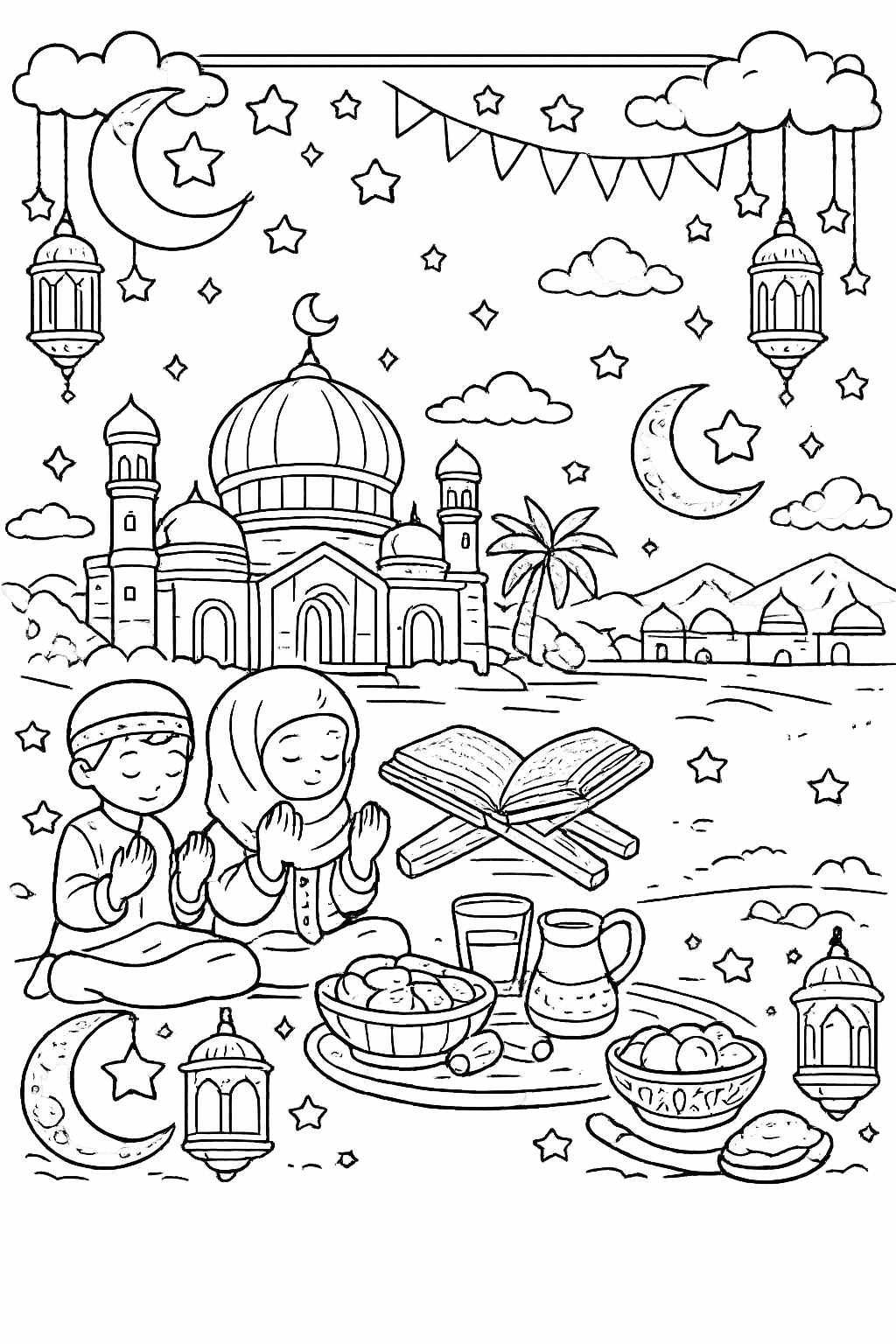 ramadan kleurplaat - zwart-wit lijntekening