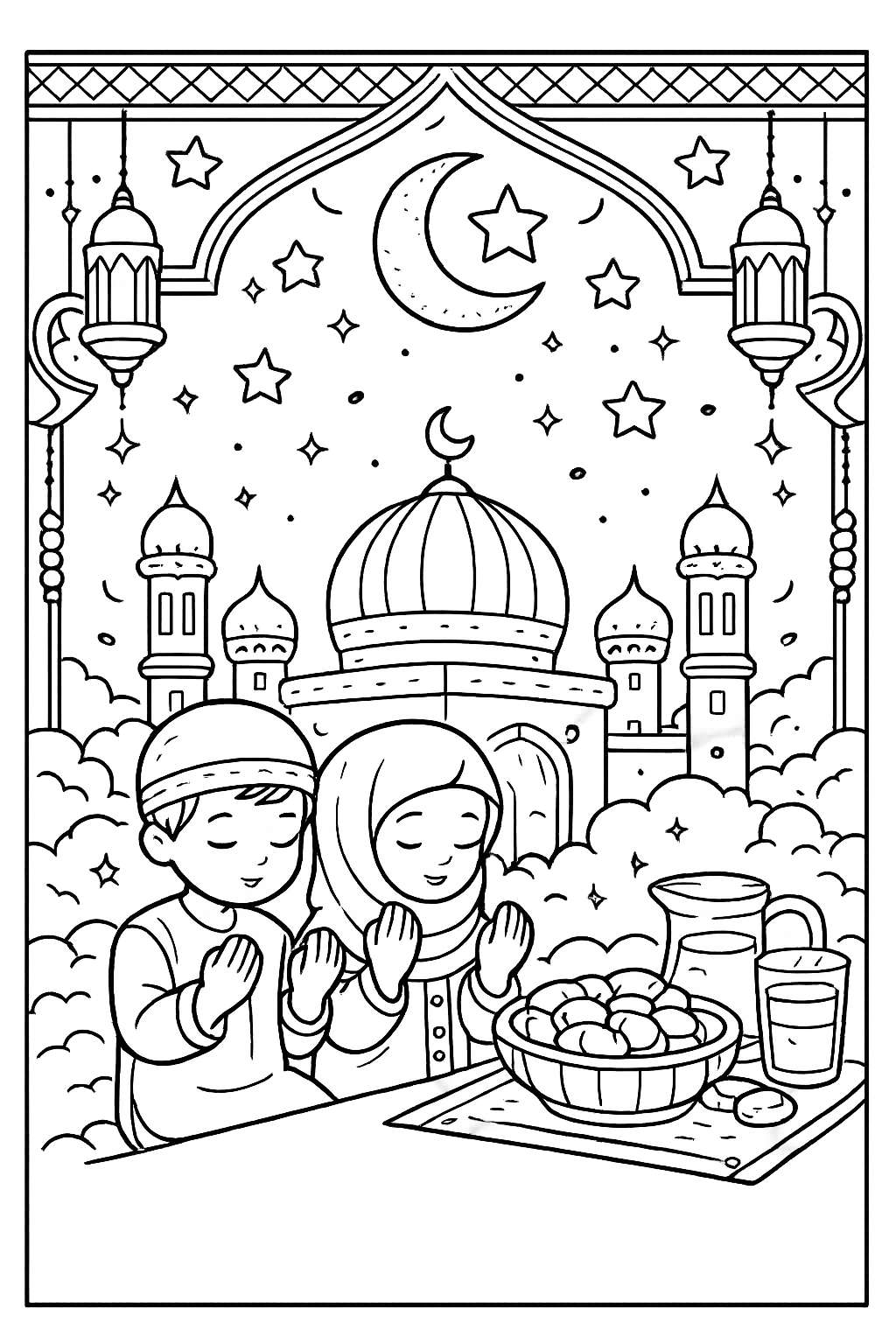 Ramadan kleurplaat - zwart-wit lijntekening