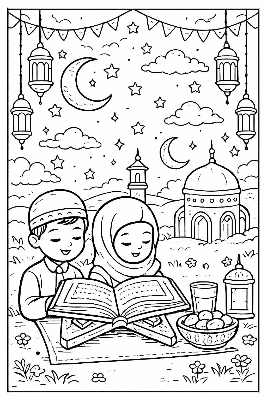 Ramadan kleurplaat - zwart-wit lijntekening