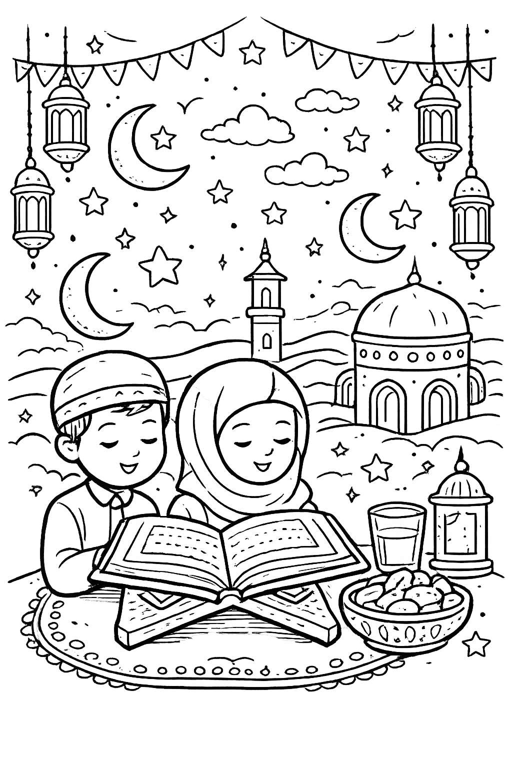 Ramadan kleurplaat - zwart-wit lijntekening