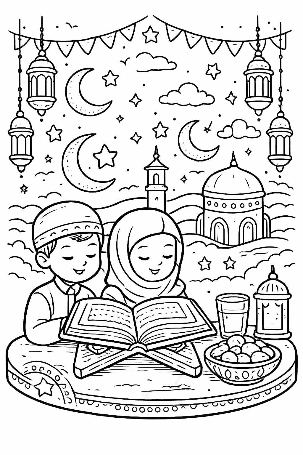 Ramadan kleurplaat - zwart-wit lijntekening