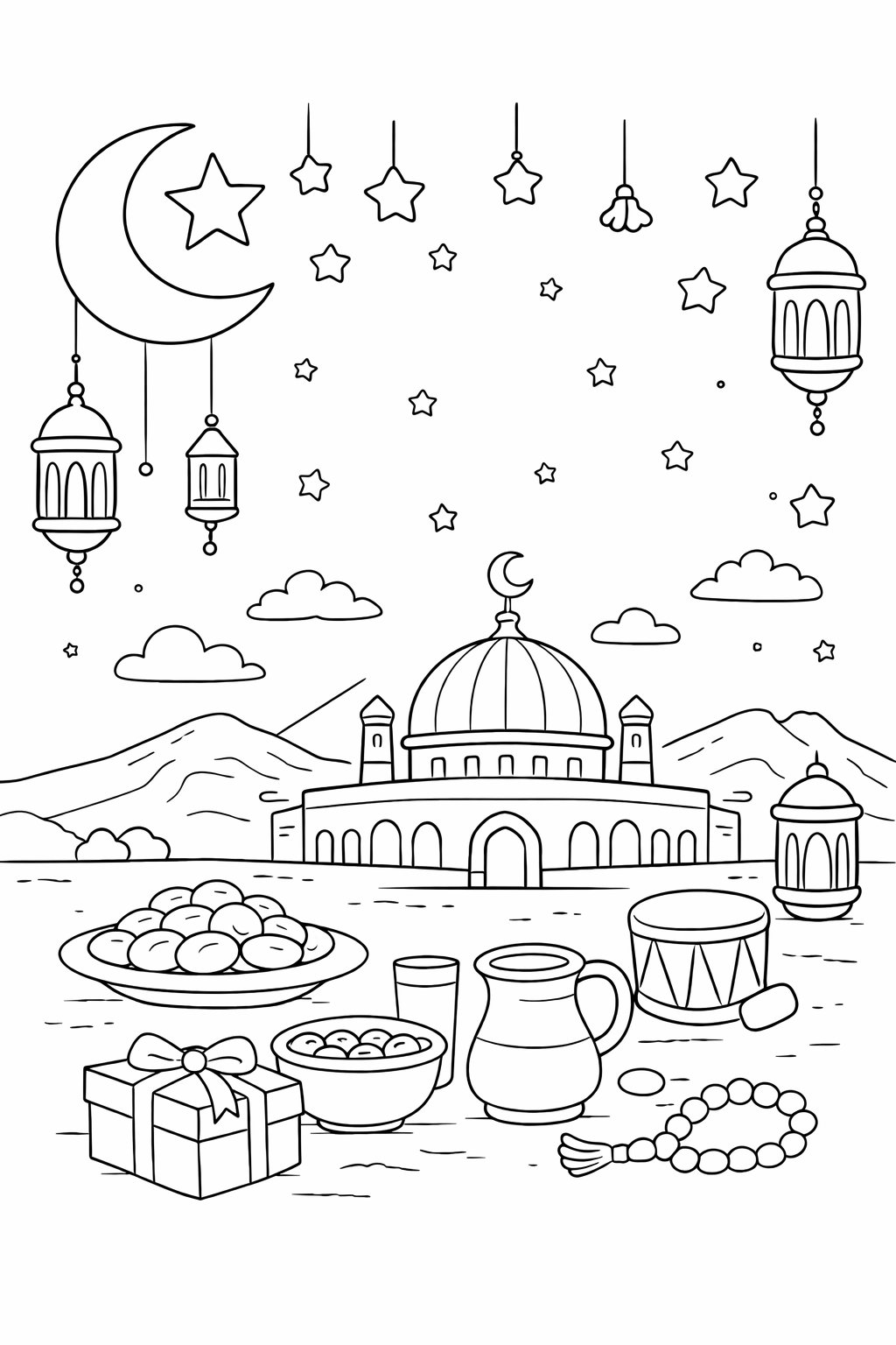 Ramadan Mubarak coloring page line art