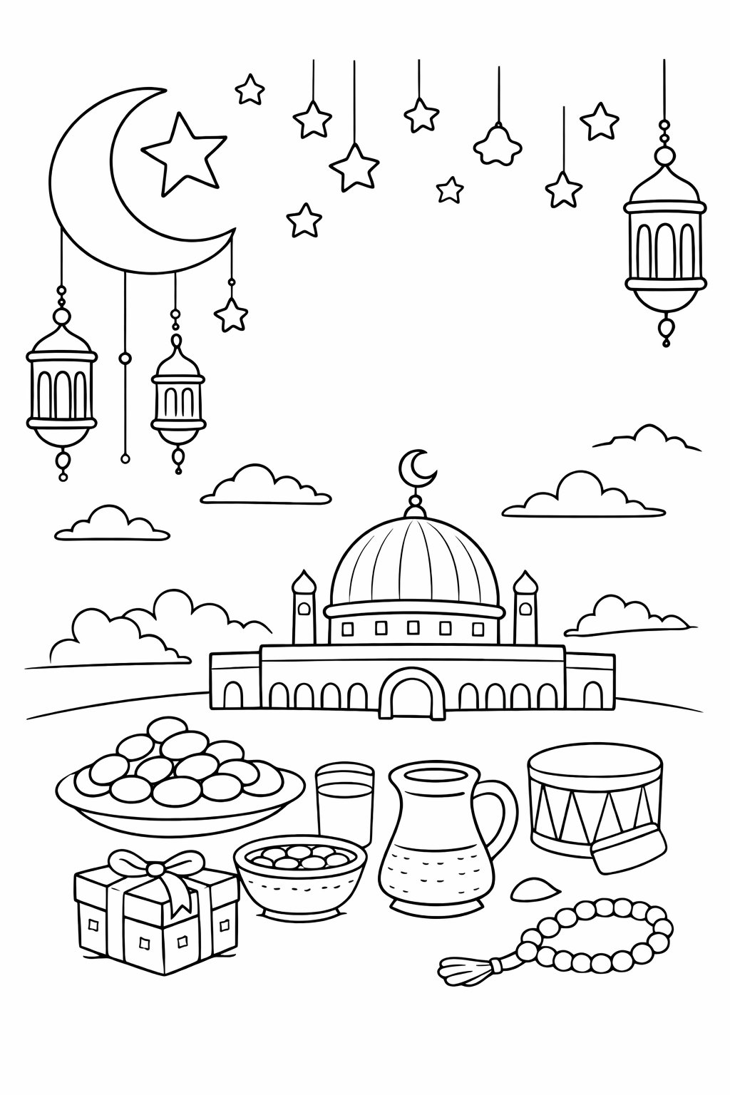Ramadan Mubarak kleurplaat - zwart-wit lijntekening