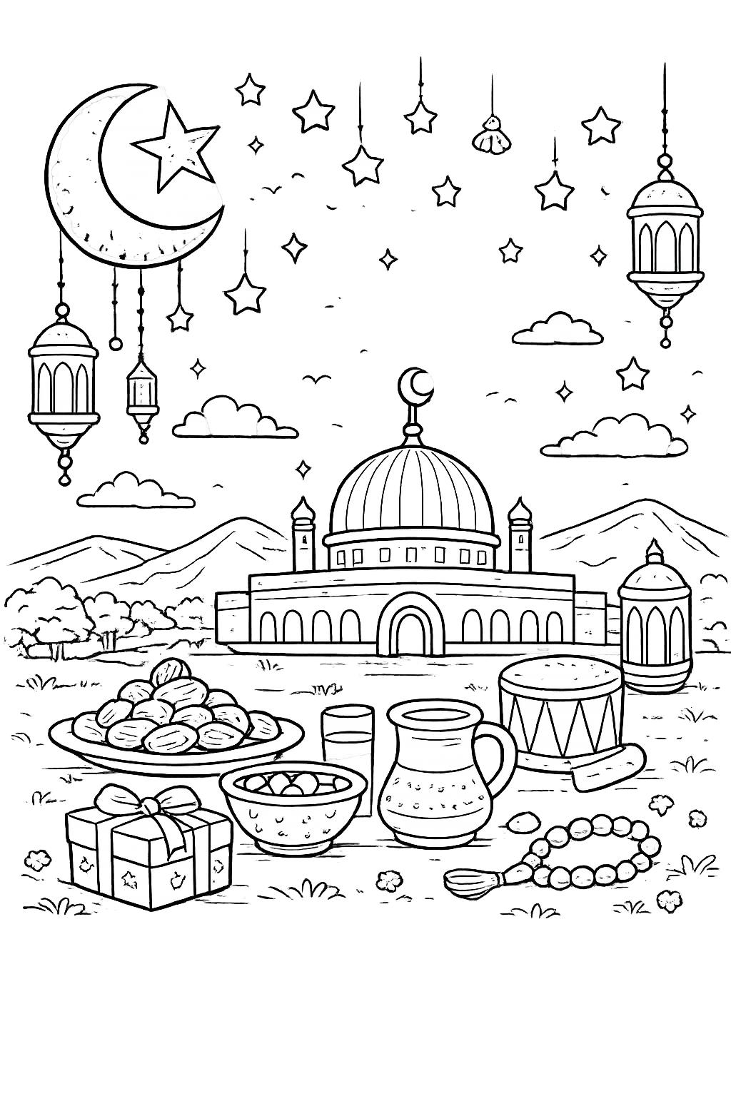 Ramadan Mubarak kleurplaat - zwart-wit lijntekening