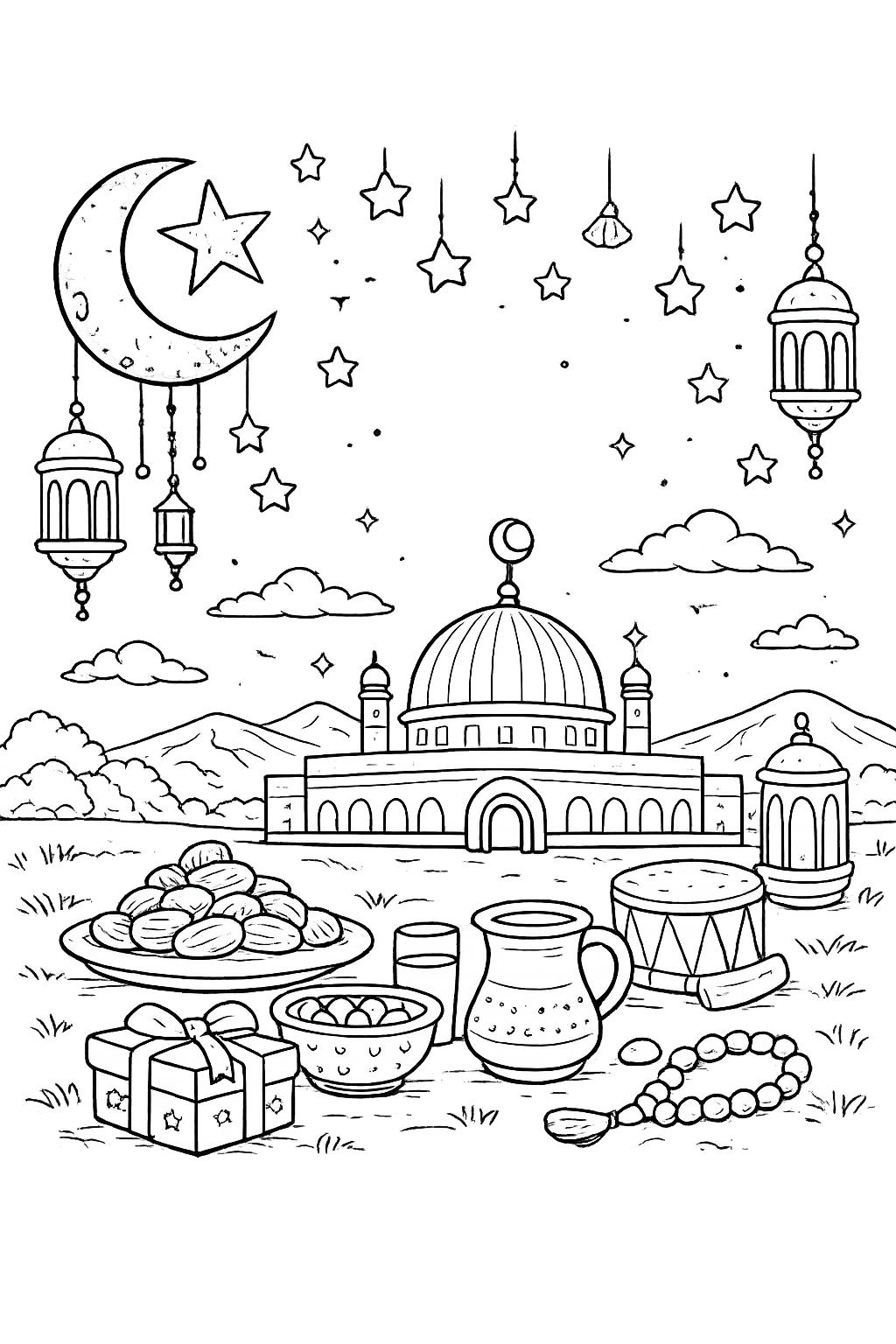 Ramadan Mubarak kleurplaat - zwart-wit lijntekening