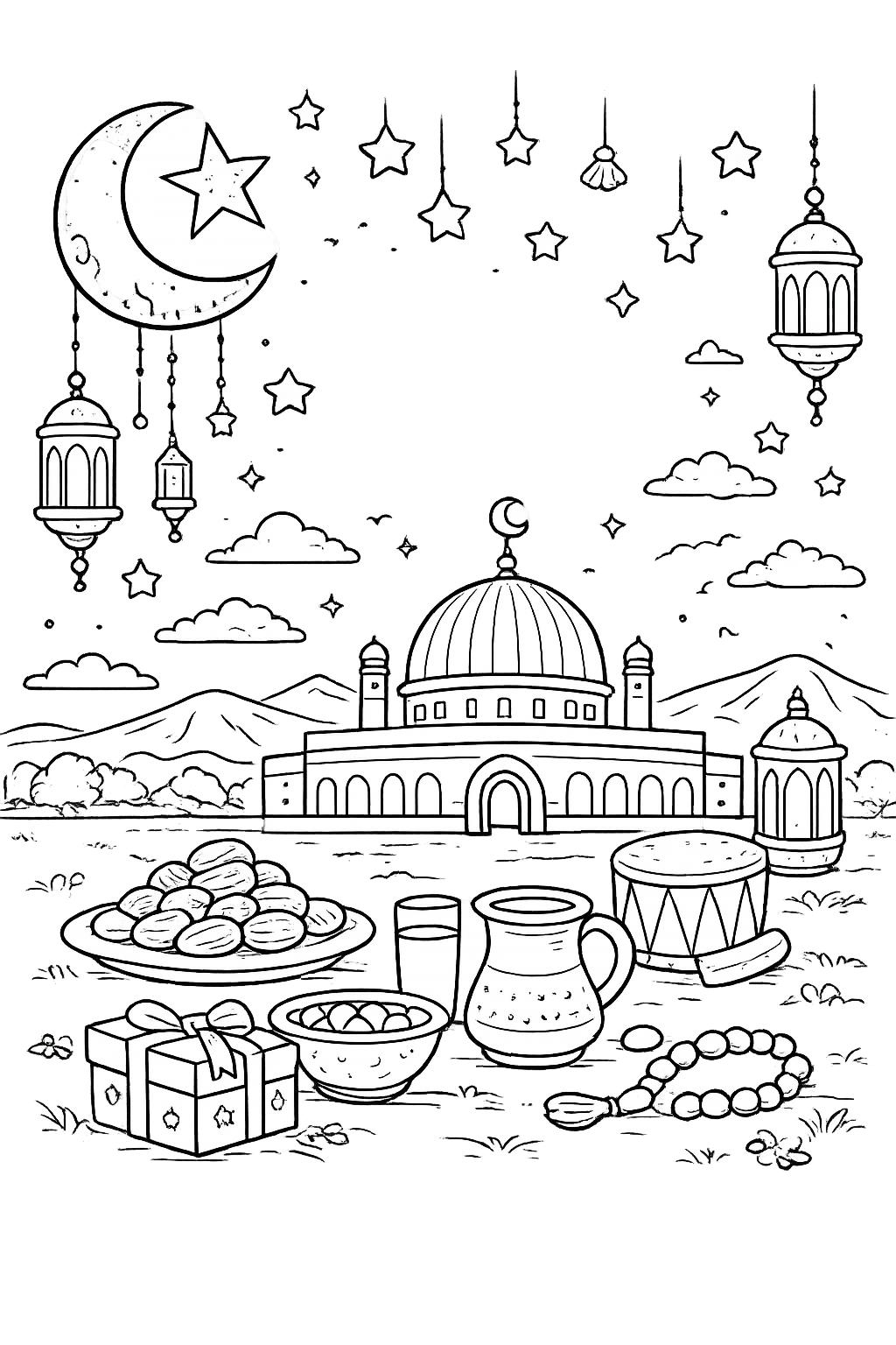 Ramadan Mubarak kleurplaat - zwart-wit lijntekening
