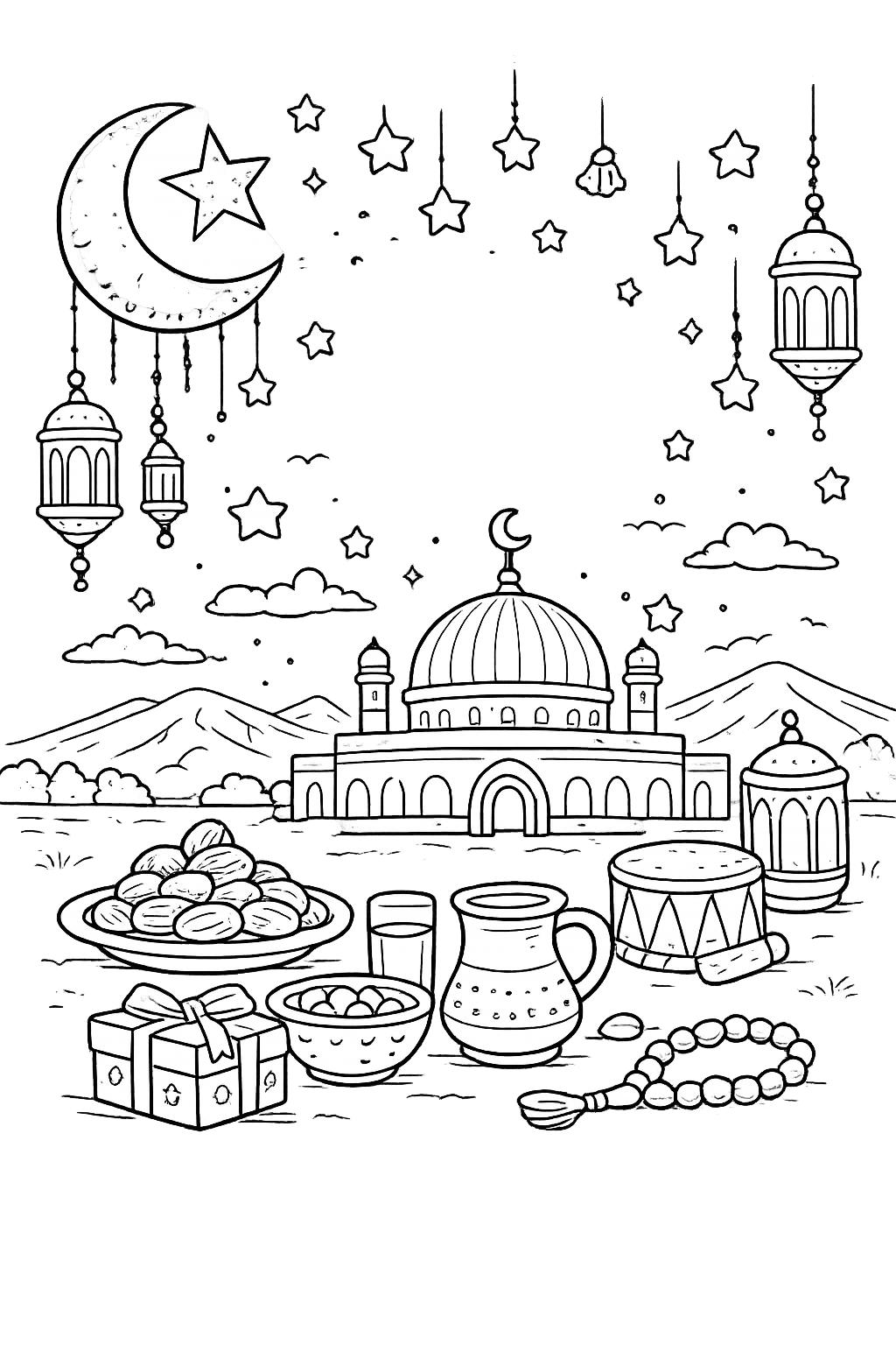 Ramadan Mubarak kleurplaat - zwart-wit lijntekening