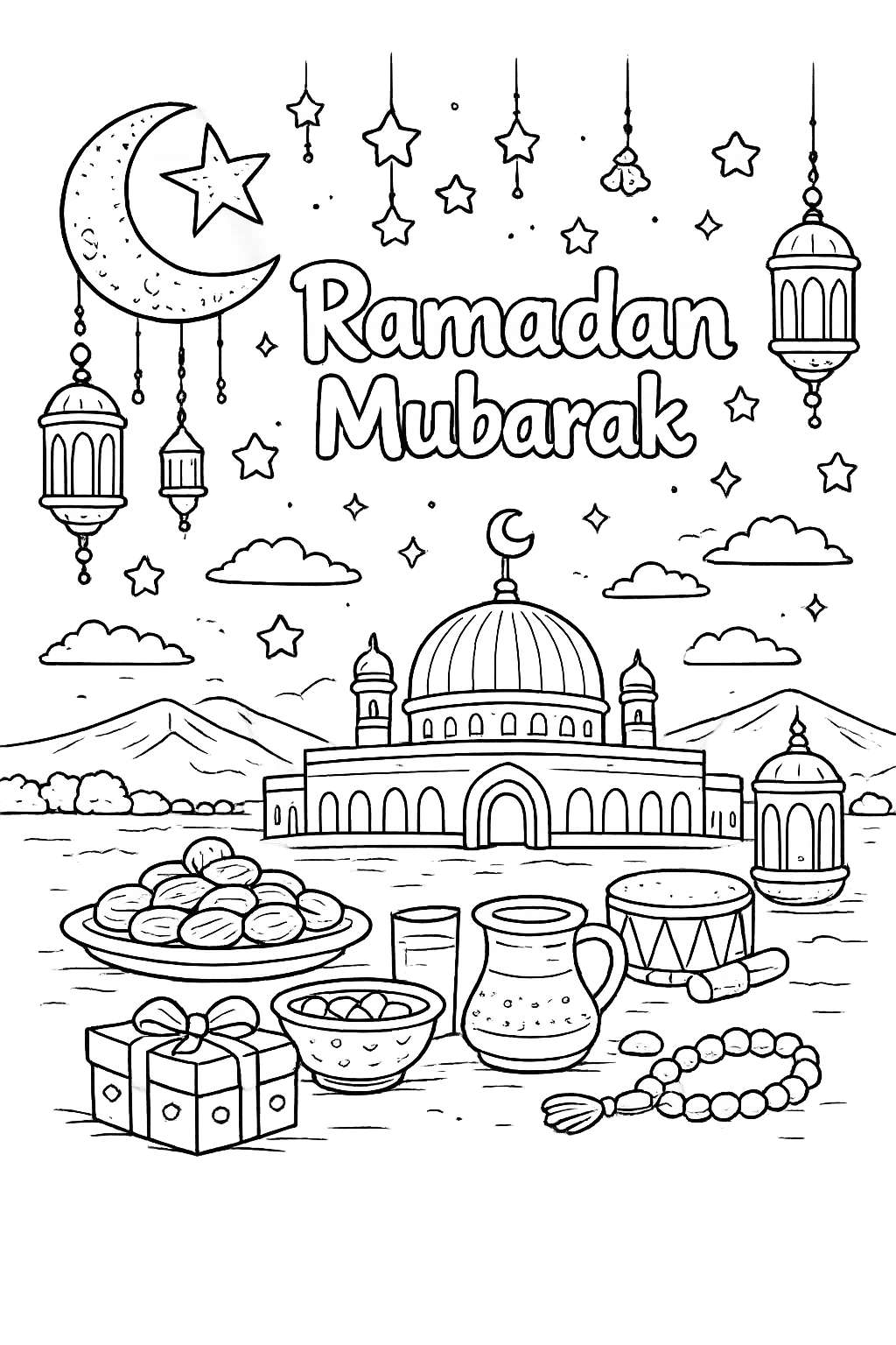 Ramadan Mubarak coloring page line art