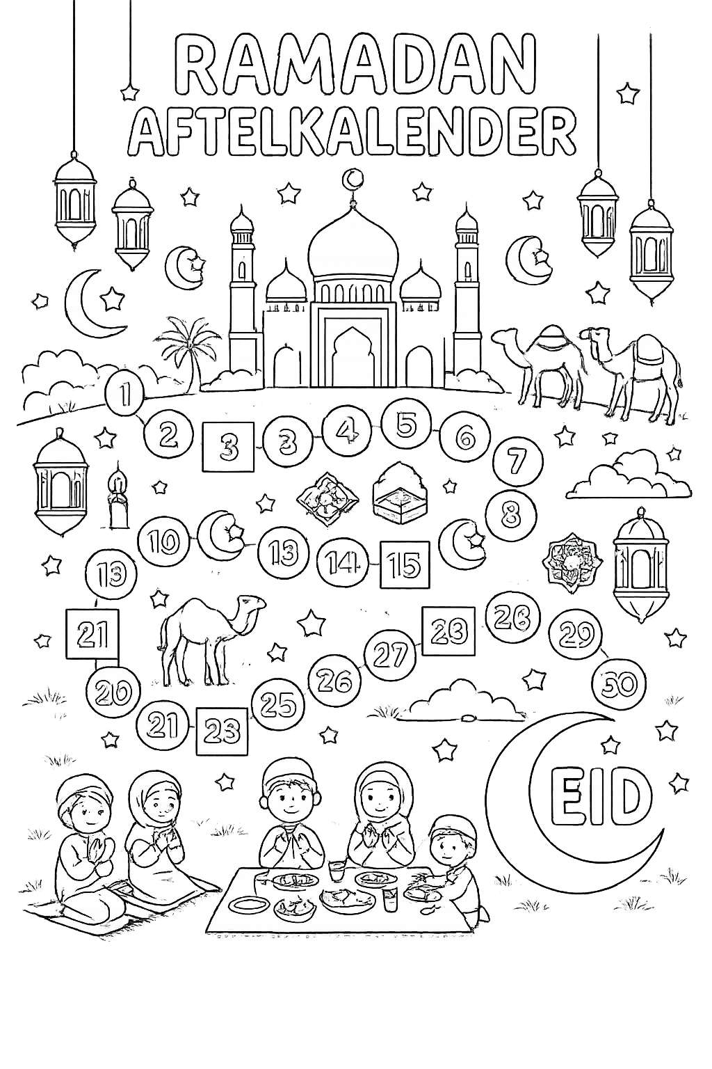 Ramadan kalender kleurplaat - zwart-wit lijntekening