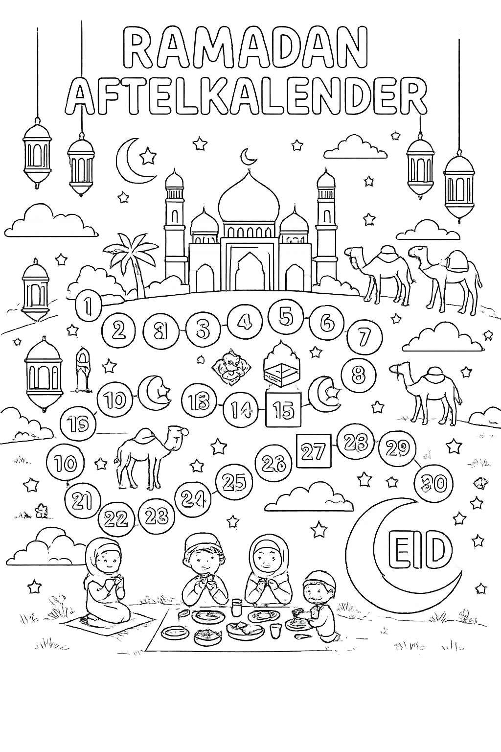 Ramadan kalender kleurplaat - zwart-wit lijntekening