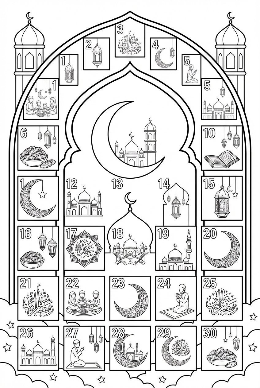 Ramadan kalender kleurplaat - zwart-wit lijntekening