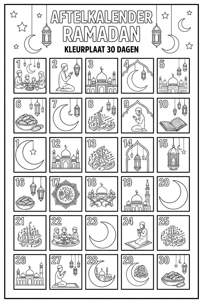 Ramadan kalender kleurplaat - zwart-wit lijntekening