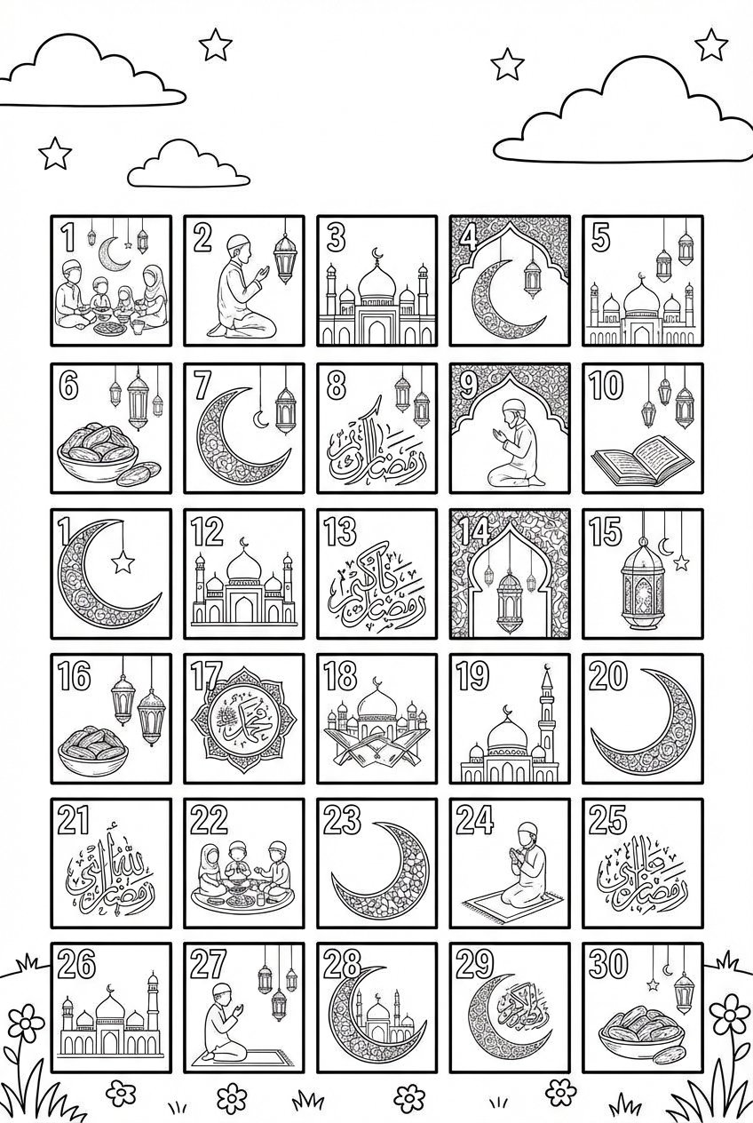 Ramadan kalender kleurplaat - zwart-wit lijntekening