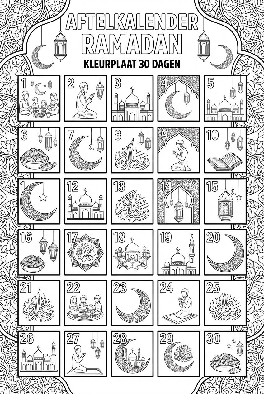 Ramadan kalender kleurplaat - zwart-wit lijntekening