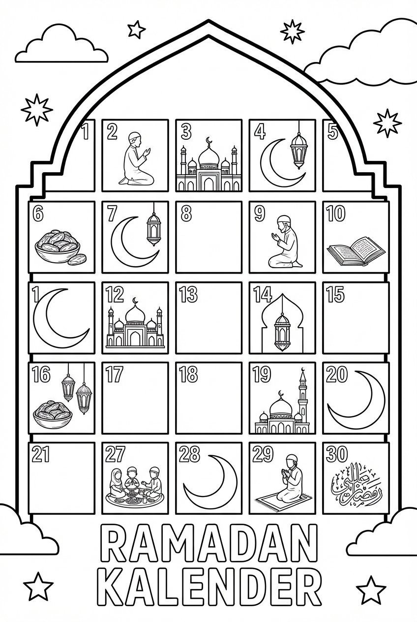 Ramadan kalender kleurplaat - zwart-wit lijntekening