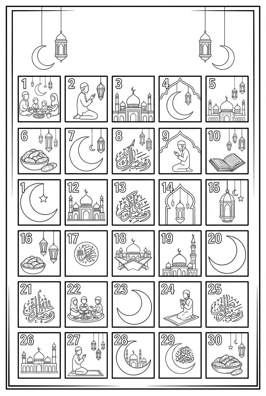 Ramadan kalender kleurplaat - zwart-wit lijntekening
