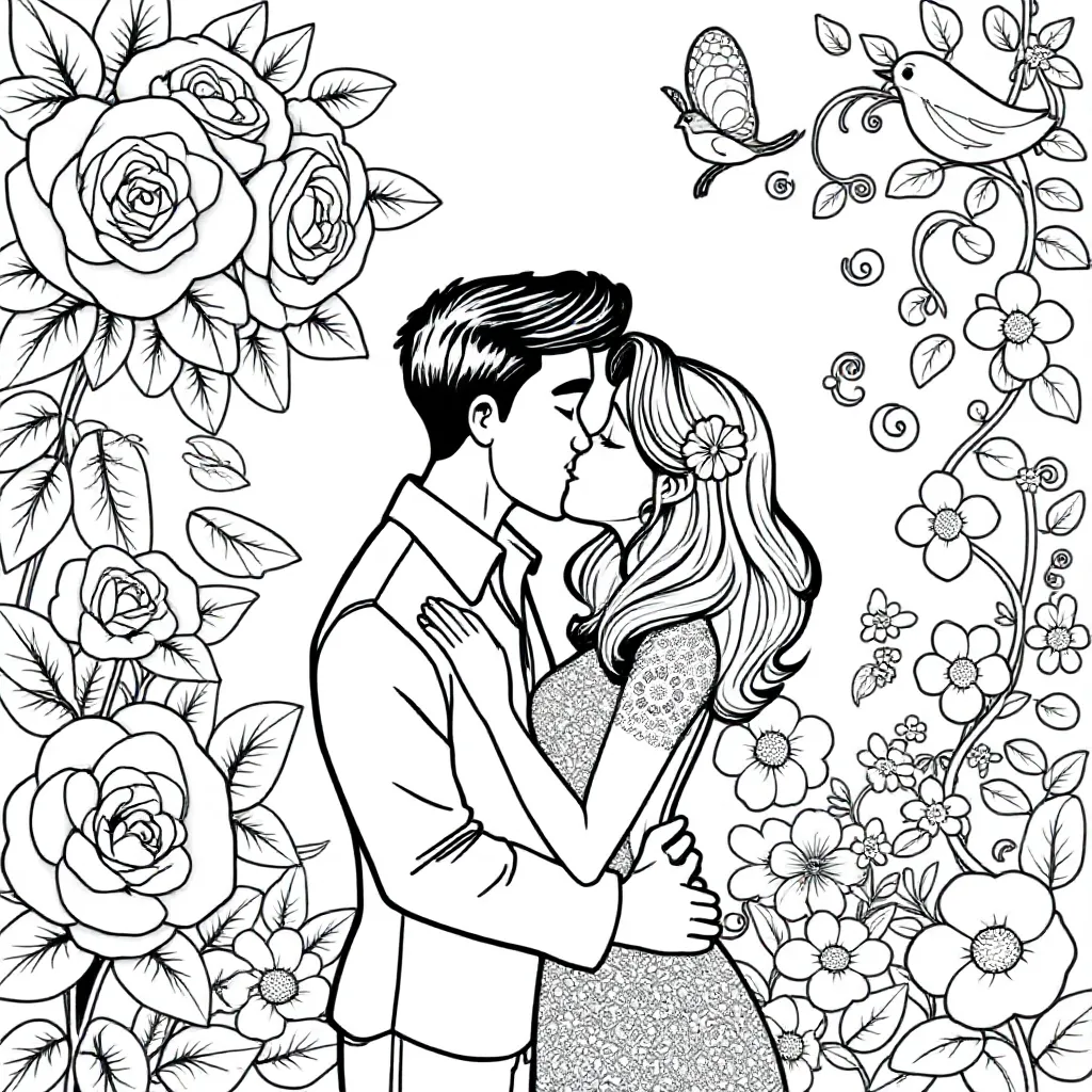 een verliefd koppel die kussen kleurplaat voor kinderen
