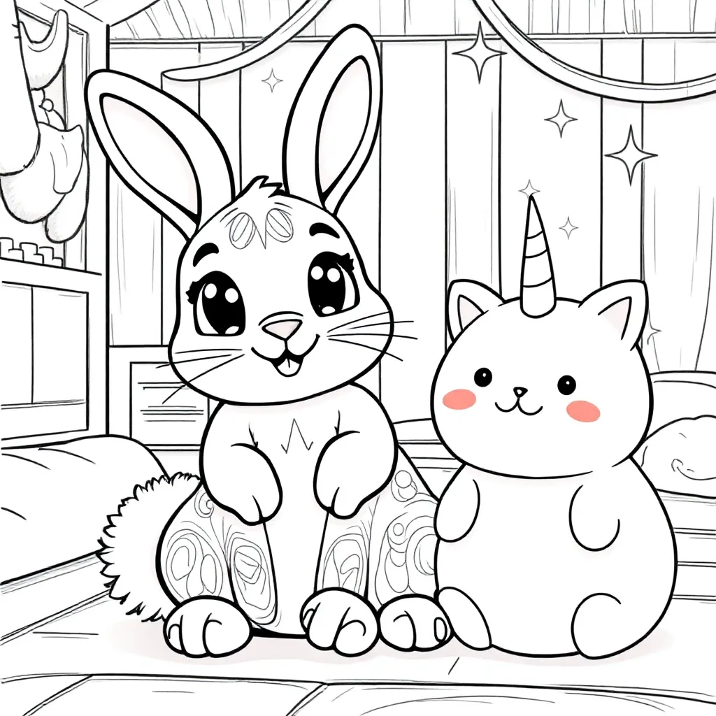 konijntje en een squishmellow in een binnenspeeltuin kleurplaat voor kinderen