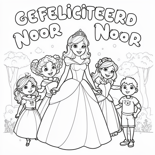 Prinses met 3 meisjes en een jongetje kleurplaat voor kinderen