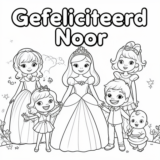 1 Prinses met 2 meisjes en een 1 jongetje en 1 baby kleurplaat voor kinderen