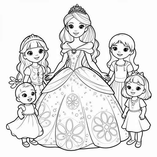 1 Prinses met 2 meisjes en een 1 jongetje en 1 baby en 1 kleuter meisje kleurplaat voor kinderen
