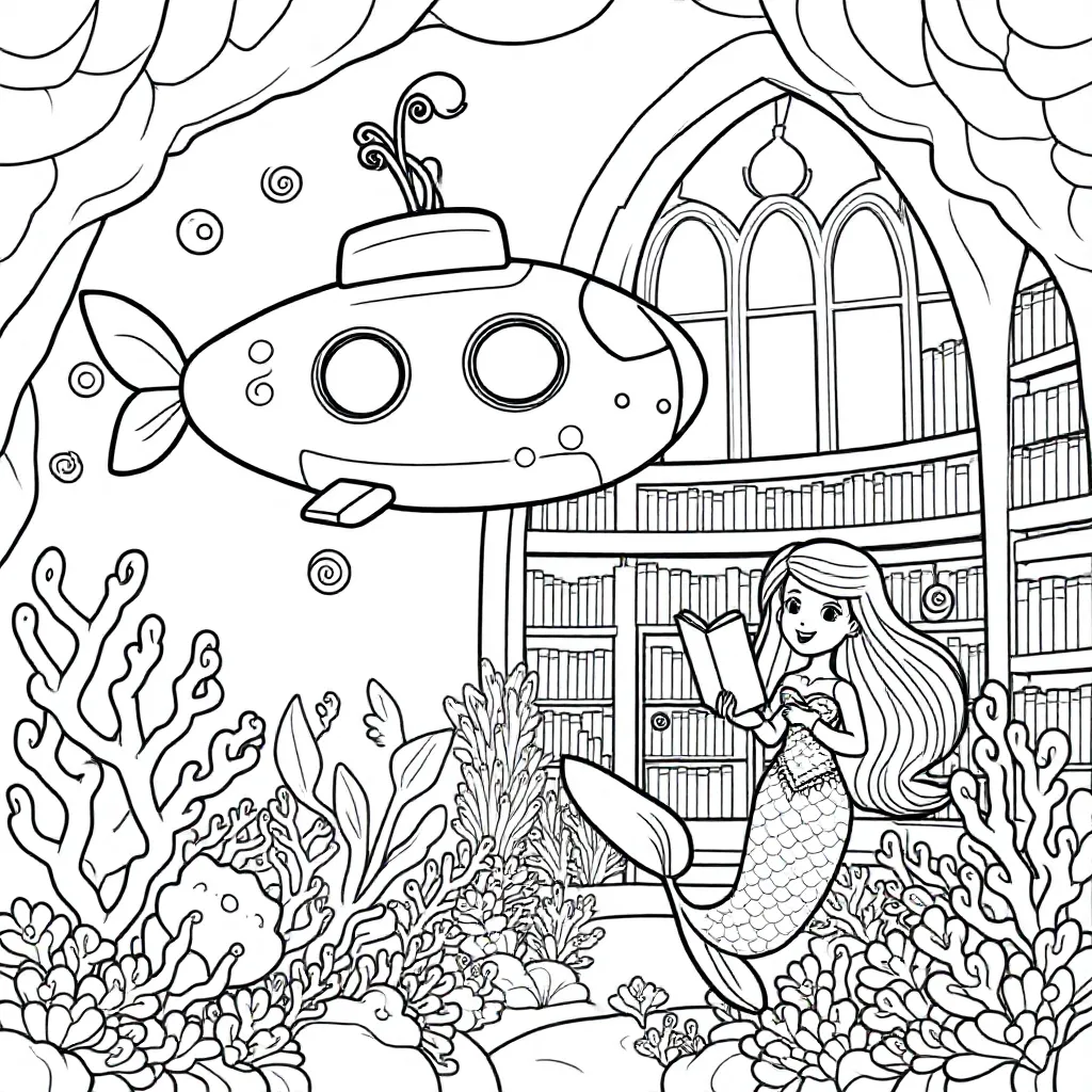 Vliegende theepot-onderzeeër ontdekt zeemeermin-bibliotheek in koraalstad. kleurplaat voor kinderen