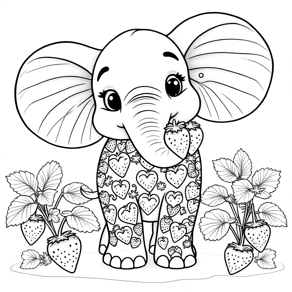 een olifant met aardbei kleurplaat voor kinderen