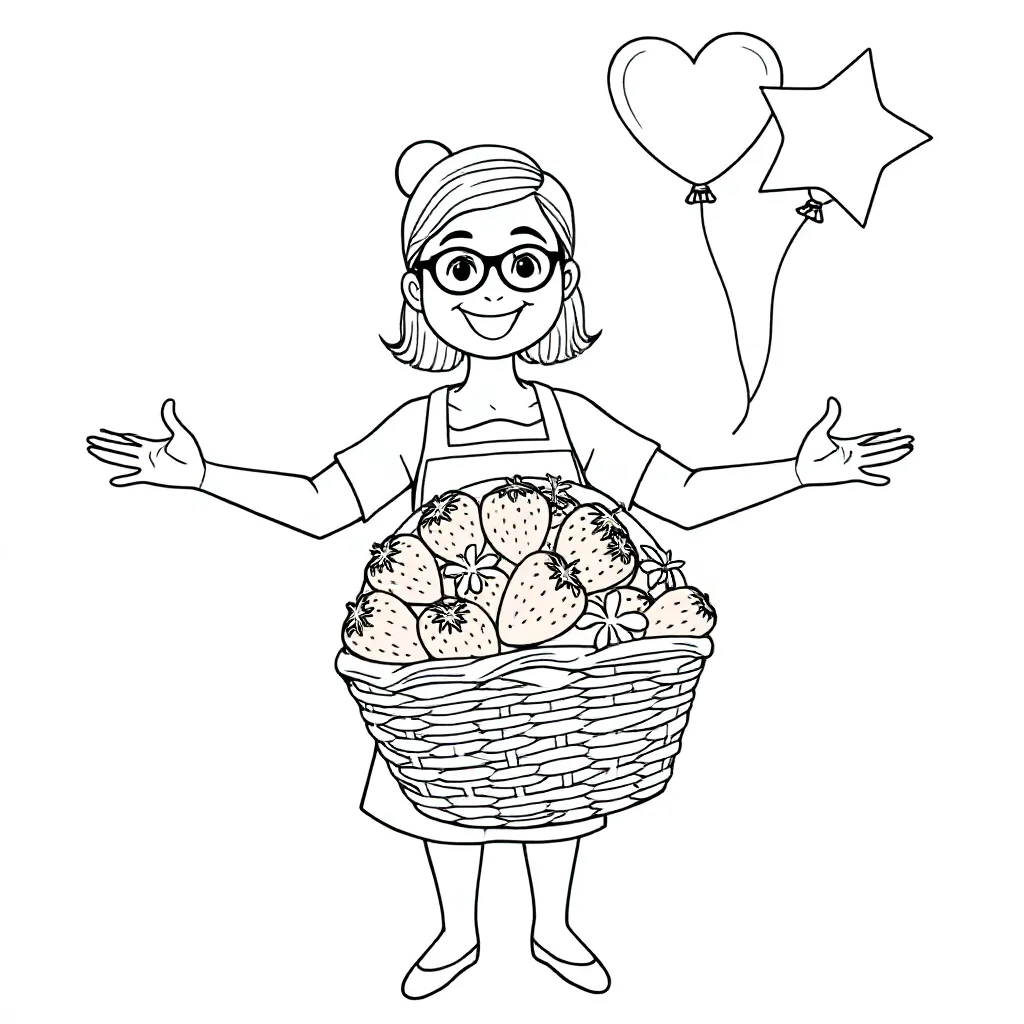juf zonder bril met mand aardbeien en ballonnen en feestversiering zwart wit kleurplaat voor kindere
