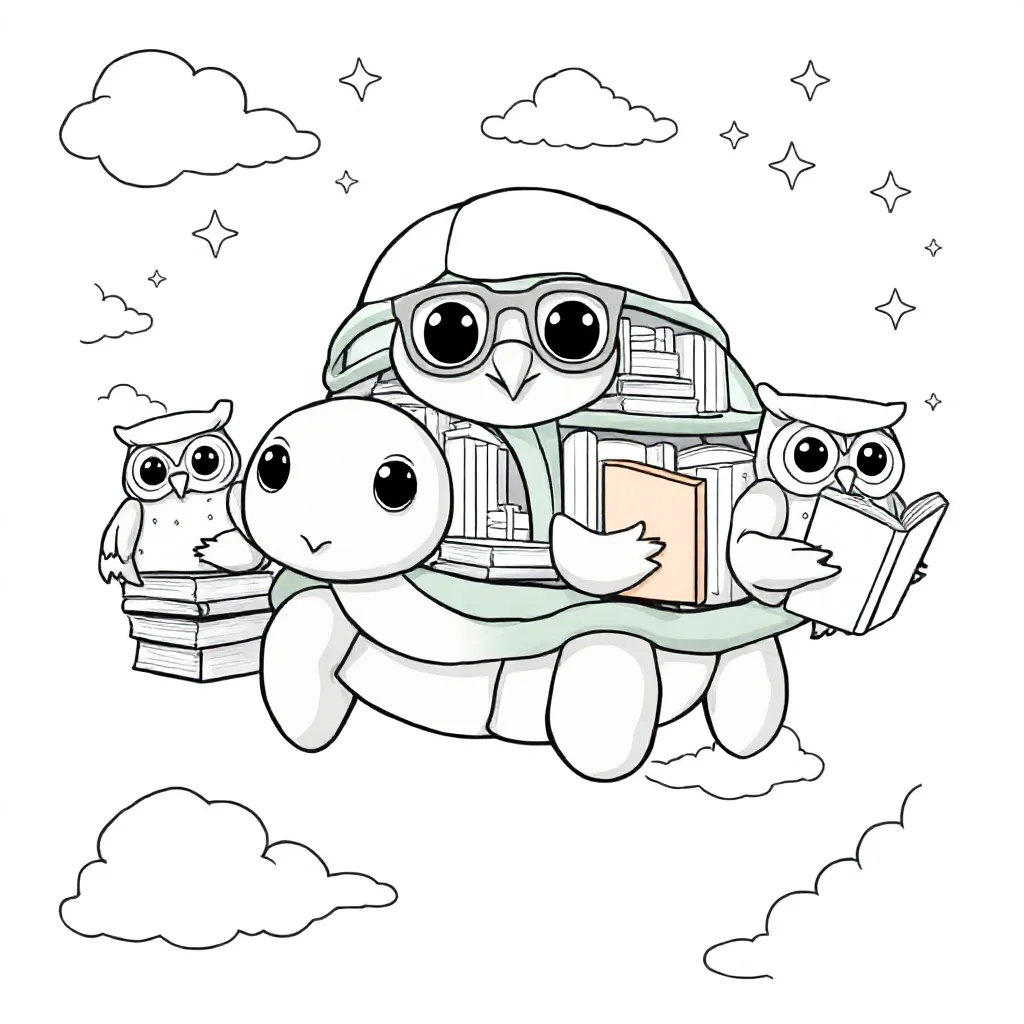 Zwevende schildpadbibliotheek met uilen als bibliothecarissen en boeken vol sterrenstof. kleurplaat