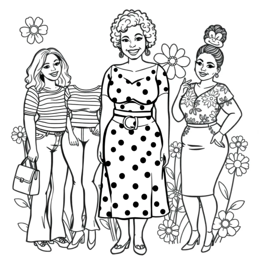 Fat, ladies, cheerful, curvy, fashion coloring book for kids