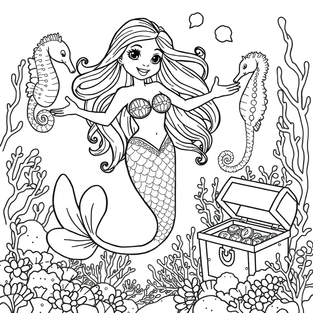 Mermaid, fantasy, mythical, underwater world, magical coloring page for kids