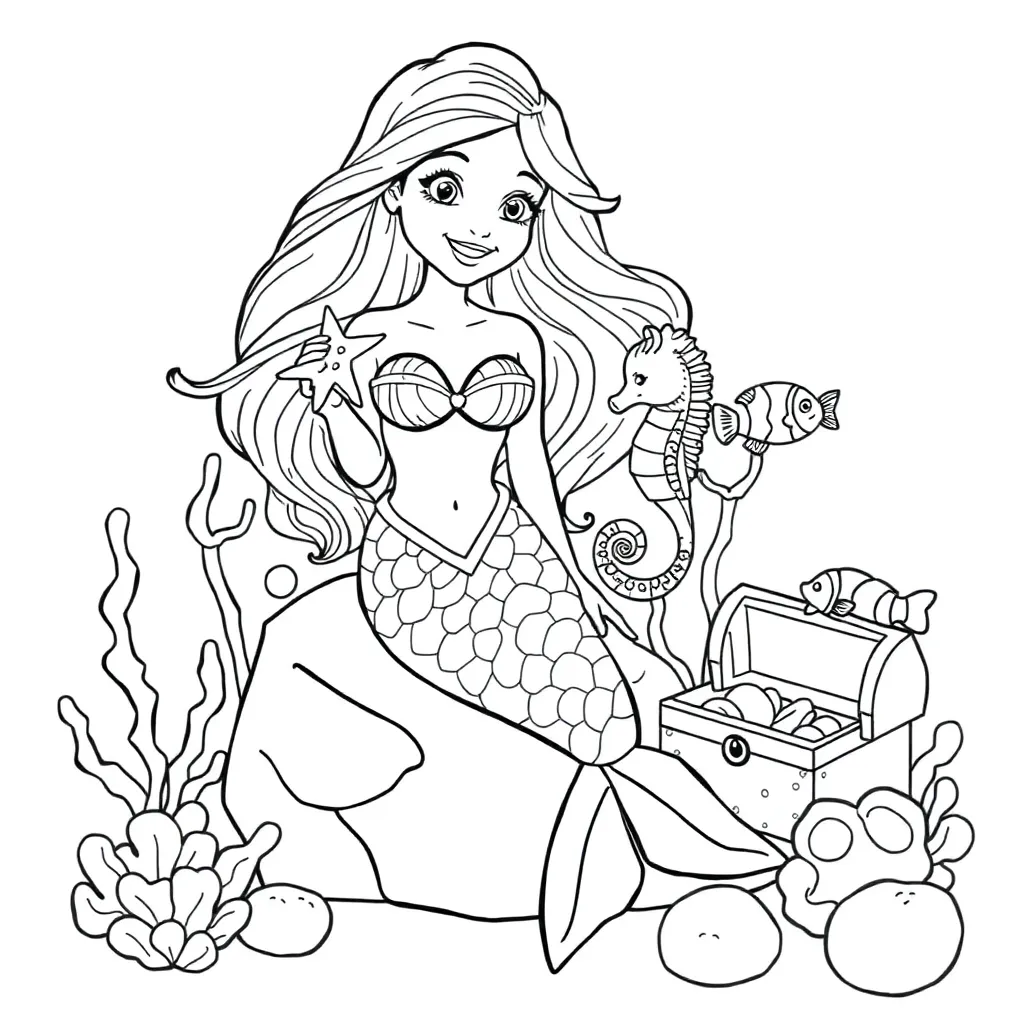 Mermaid, fantasy, mythical, underwater, fairytale coloring page for kids