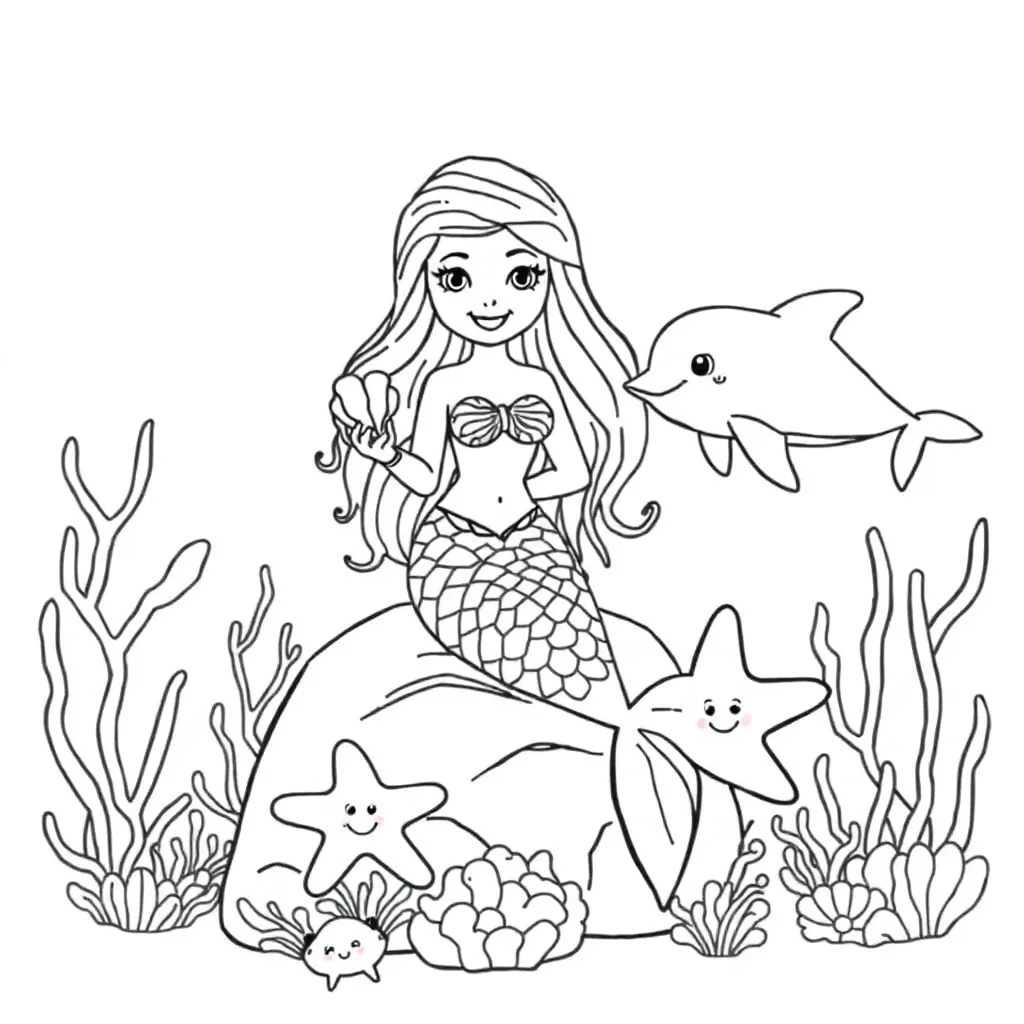 Mermaid, fantasy, mythical, magical, underwater coloring page for kids