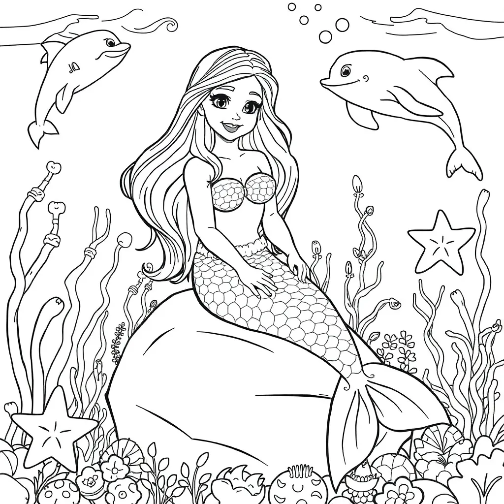 Mermaid, fantasy, mythical, underwater, magical coloring page for kids