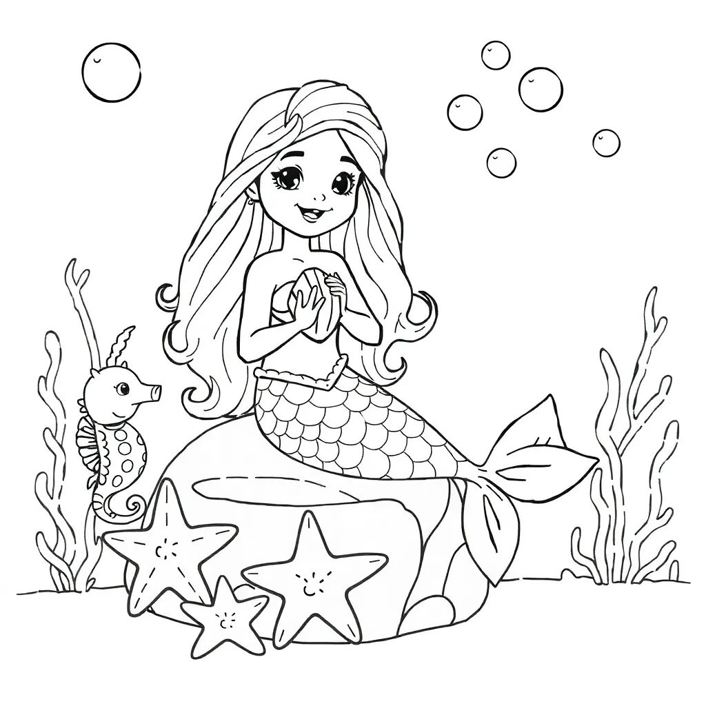 Mermaid, fantasy, mythical, magical, underwater coloring page for kids