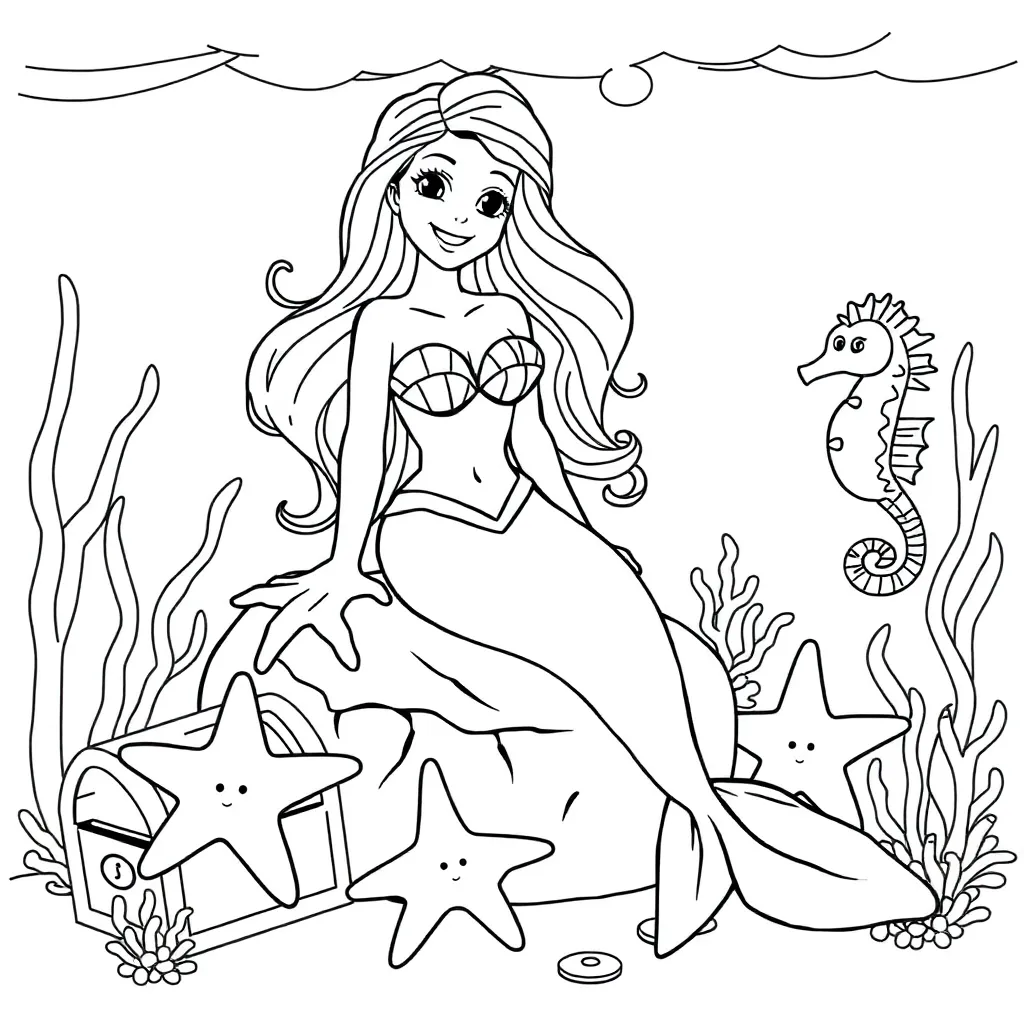 Mermaid, fantasy, mythical, magical, underwater coloring page for kids