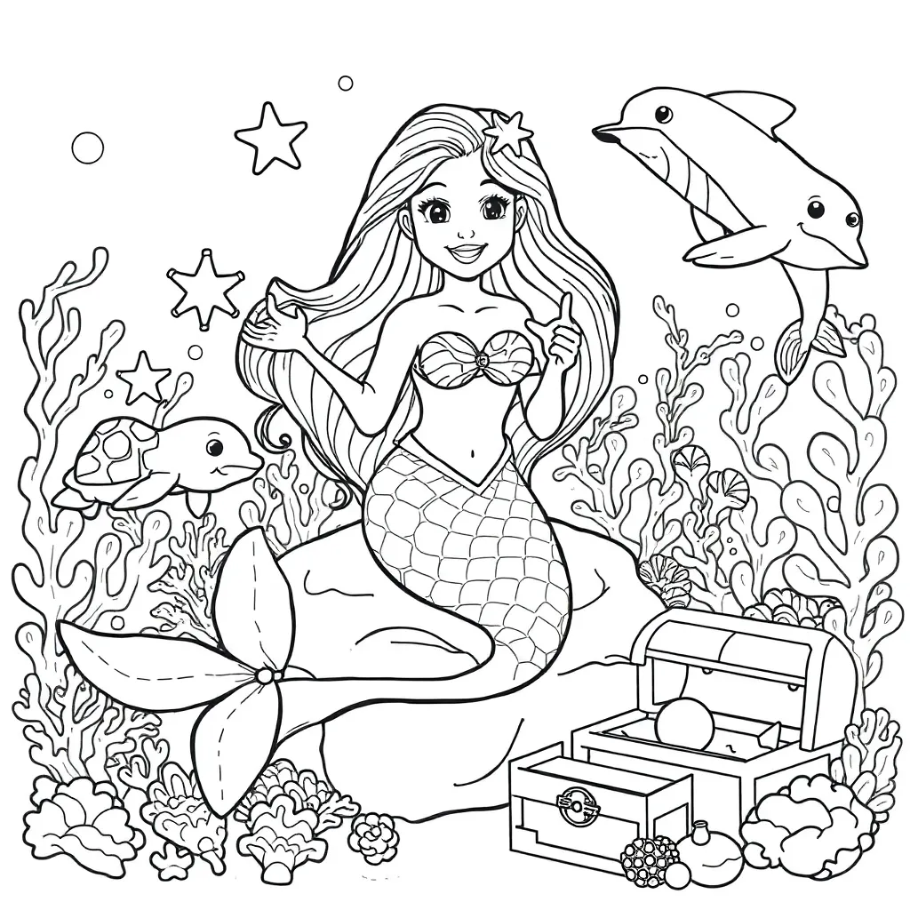 Mermaid, fantasy, mythical, underwater, fairytale coloring page for kids