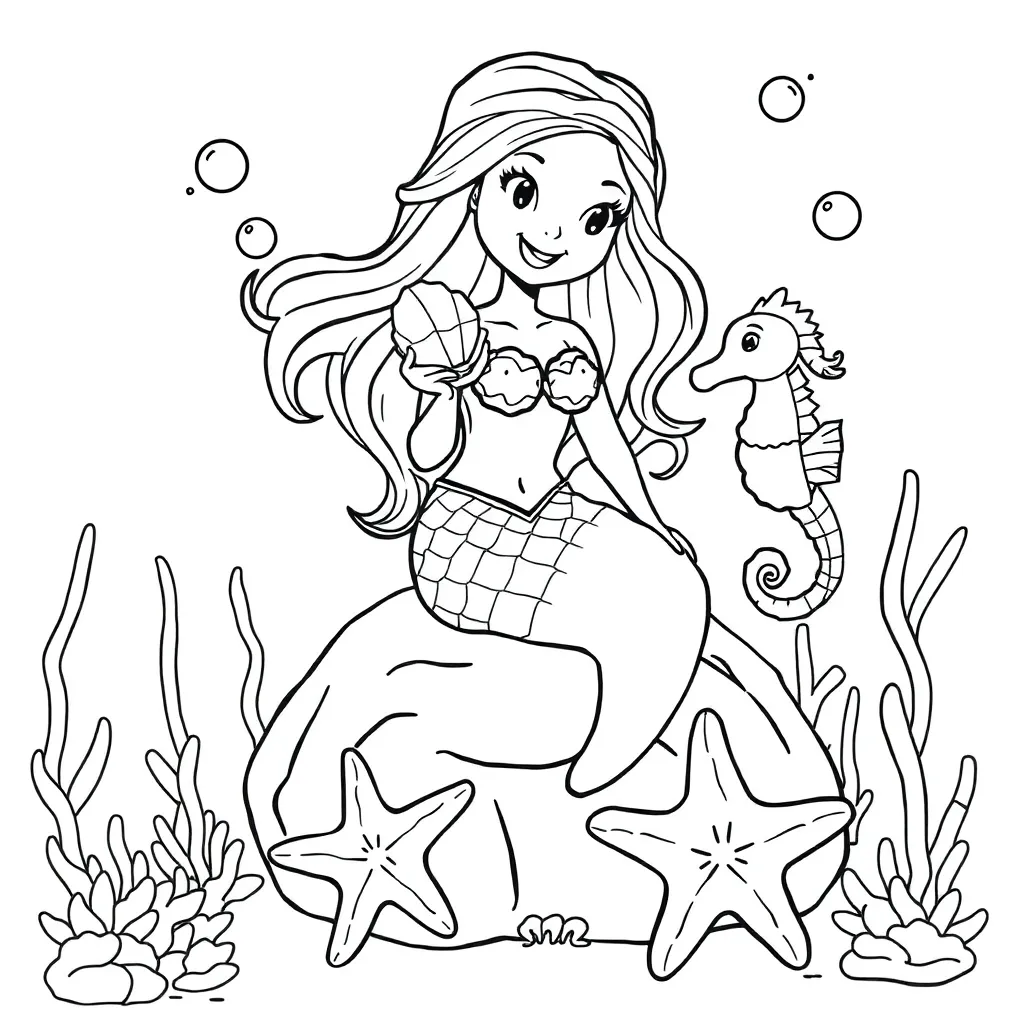 Mermaid, fantasy, mythical, magical, underwater coloring page for kids