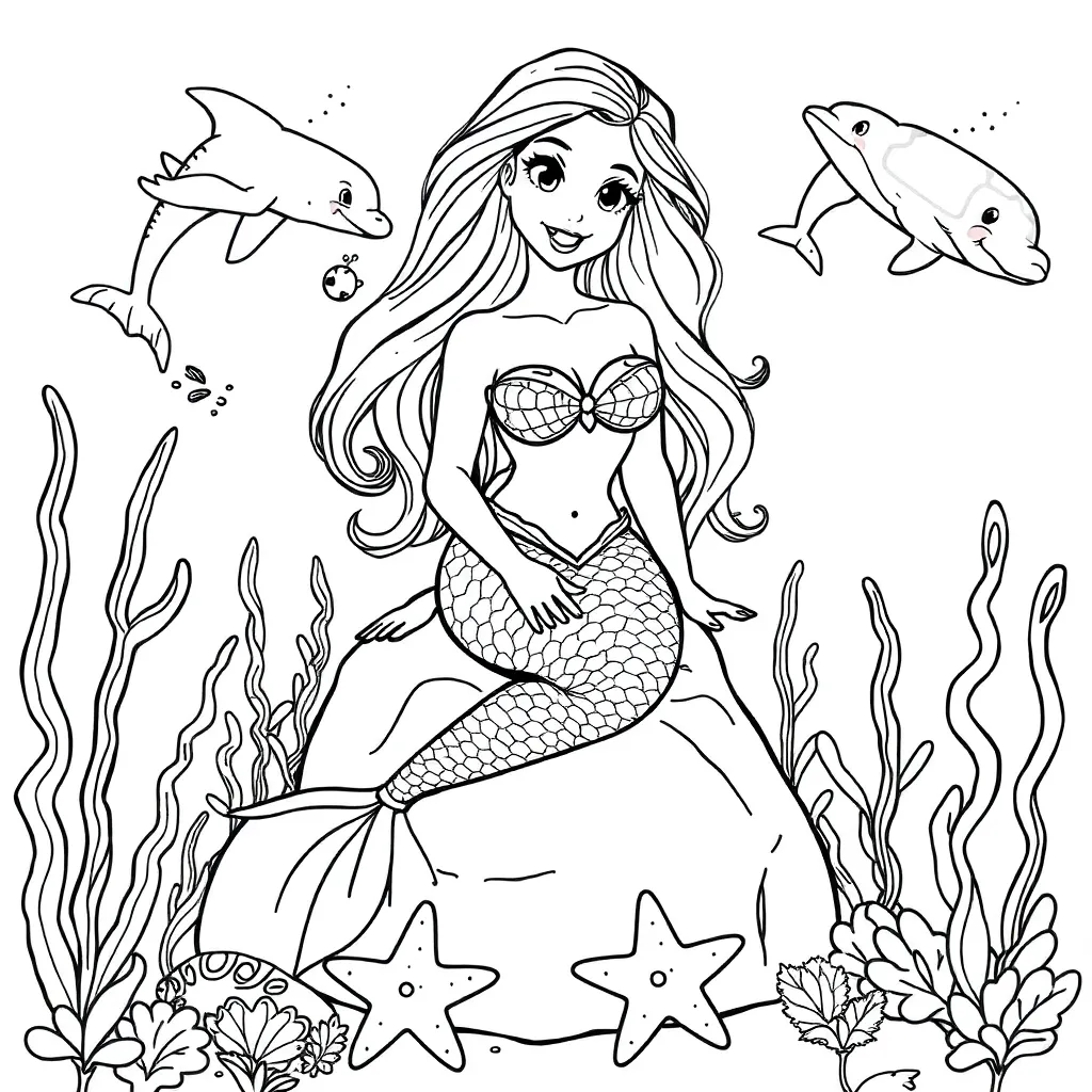 Mermaid, fantasy, mythical, underwater, magical coloring page for kids