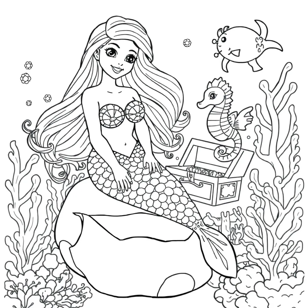 Mermaid, fantasy, mythical, underwater, magical coloring page for kids