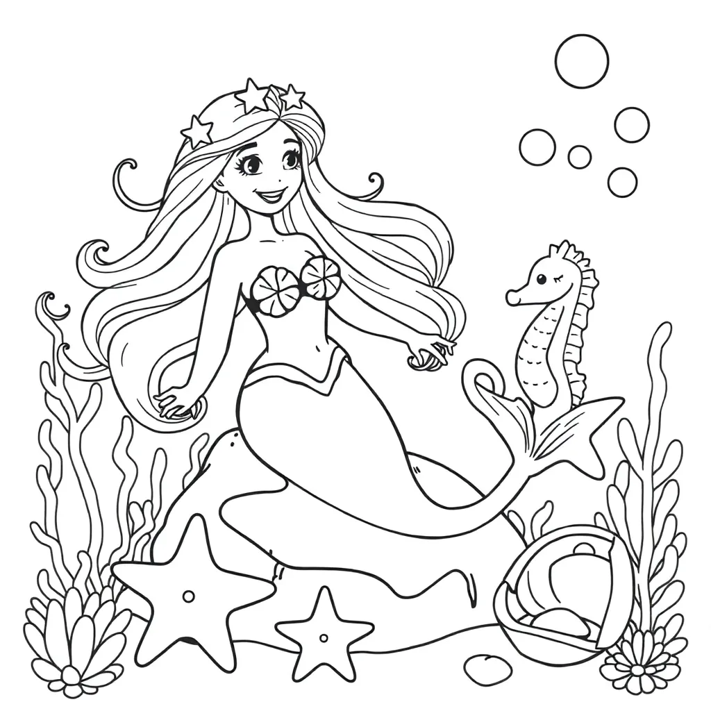 Mermaid, fantasy, mythical, magical, water coloring page for kids