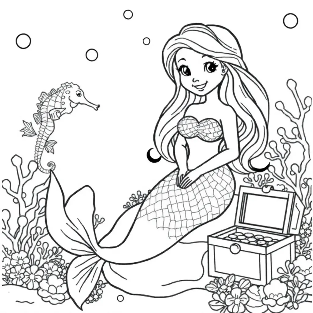 Mermaid, fantasy, mythical, underwater world, magical coloring page for kids