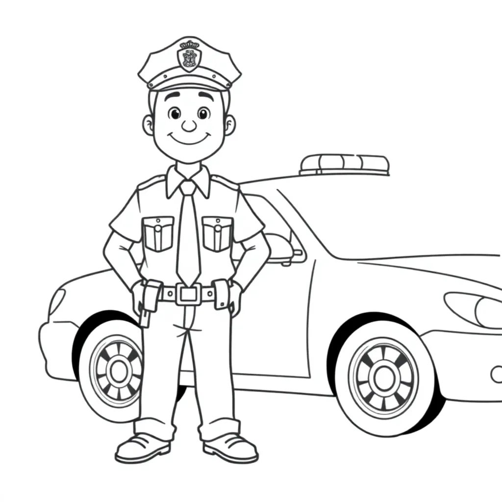 Police, officer, uniform, profession, vehicle coloring page for kids
