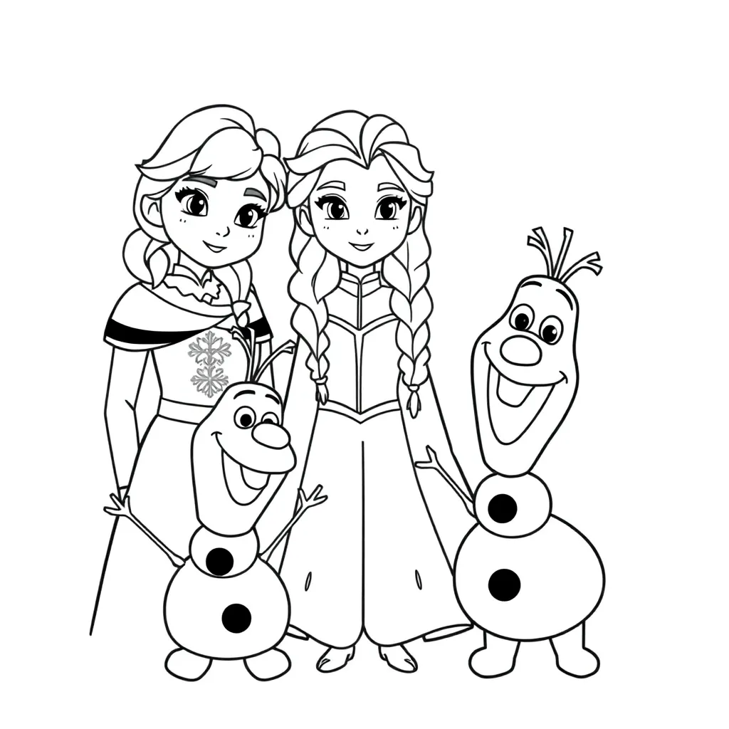 Coloring Page Anna Elsa and Olaf