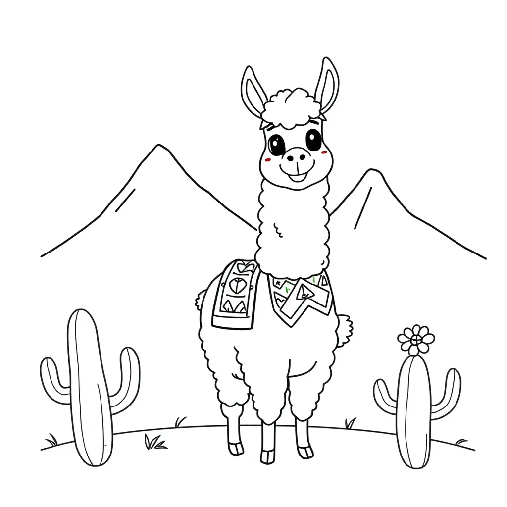 Llama, animals, funny, cheerful, black coloring page for kids
