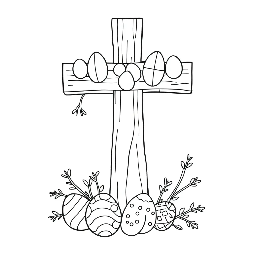 Easter cross, black and white coloring page for kids